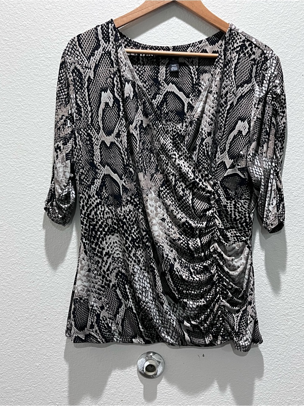 Style & Co. Black and Gray Snake-Print Ruched Wrap Top